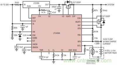 LTC4000 和 LTC3789：6V 至 36VIN、4 節(jié) 5A 鋰離子電池充電器