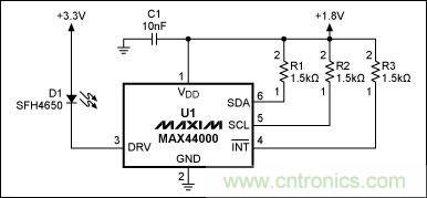 圖1：MAX44000典型電路，包括LED