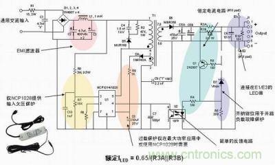 安森美半導(dǎo)體離線式第二代LED驅(qū)動器NCP1014/1028的應(yīng)用示意圖。