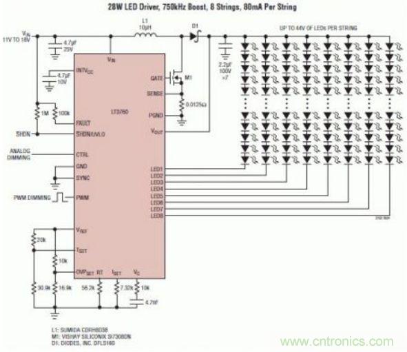 采用 LT3760、效率為 90% 的 28W LED 背光照明電路
