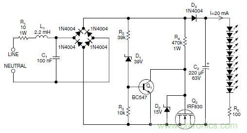 圖2：斬波工作類似圖1中的電路，但以較大的LED串聯(lián)電阻代替了恒流源，提供限流功能