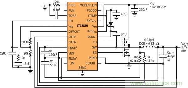 圖2：以非常低的DCR完成采樣的高效率、1.5V/30A降壓型轉(zhuǎn)換器