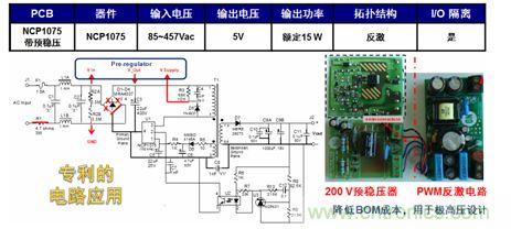 基于NCP1075開關(guān)穩(wěn)壓器和200 V預(yù)穩(wěn)壓器的極寬電壓范圍15 W參考設(shè)計(jì)。