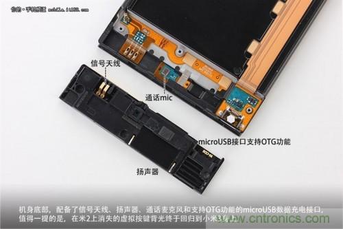 信號天線、揚聲器、麥克風(fēng)以及支持OTG功能的Micro USB接口均位于底部