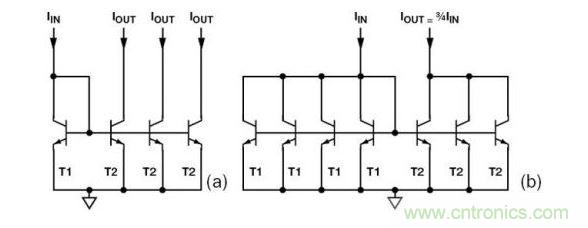 （a） 多級電流鏡 （b） 非整數(shù)比例電流鏡可將3個T2集電極結合起來，得到3IIN
