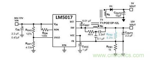 基于 LM5017 的 Fly-Buck 轉換器電路，沒有基于光耦合器的穩(wěn)壓電路