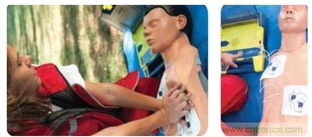 胸部按壓CPR(左圖)迫使血液循環(huán)，為大腦及其它生命器官供血，直到AED重啟心臟(右圖)。