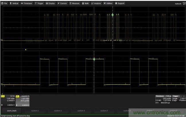 使用CustomDSO運行VB腳本“zoom_Track.lss”。當(dāng)腳本運行時，縮放波形的中心將跟蹤水平的光標(biāo)絕對位置。從圖中可以看出，光標(biāo)將永遠(yuǎn)位于縮放波形Z1的中心
