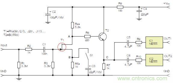 圖3：采用兩個工作在不同頻率下的555定時器電路，以獲取不同的音效。