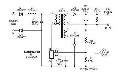 LinkSwitch-LP 系列旨在取代手機/無繩電話、PDA、數(shù)碼相機和便攜式音頻播放器等應用中輸出功率 < 2.5 W 的低效線頻線性變壓器電源。LinkSwitch-LP 還可用作白色家電等應用中的輔助電源。  LinkSwitch-LP 將高壓功率 MOSFET 開關(guān)與 ON/OFF 控制器集成在一個設備中。它完全由漏極引腳自供電，具有低 EMI 的抖動開關(guān)頻率，并且具有全面的故障保護。自動重啟可限制過載和輸出短路條件下的器件和電路耗散，而遲滯過溫保護會在熱故障期間禁用內(nèi)部 MOSFET。EcoSmart 技術(shù)使設計能夠輕松實現(xiàn) < 150 mW 的空載功耗，滿足能源效率要求。  LinkSwitch-LP 的設計目的是在輸出功率低于 2.5 W 時無需初級側(cè)鉗位電路，從而顯著減少組件數(shù)量和總系統(tǒng)成本。圖 1 顯示了基于 LinkSwitch-LP 的 2 W 電源，不帶初級側(cè)鉗位。LinkSwitch-LP 系列經(jīng)過優(yōu)化，當變壓器上的輔助或偏置繞組提供反饋時，可提供近似的 CV/CC 輸出特性。這非常適合取代工頻變壓器的應用，提供兼容的輸出特性，但過載、短路電流和輸入線電壓變化較小。  　  在無鉗位設計中使用 LinkSwitch-LP 的基本電路原理圖。  快速開始  　 LinkSwitch-LP 反激式設計流程圖
